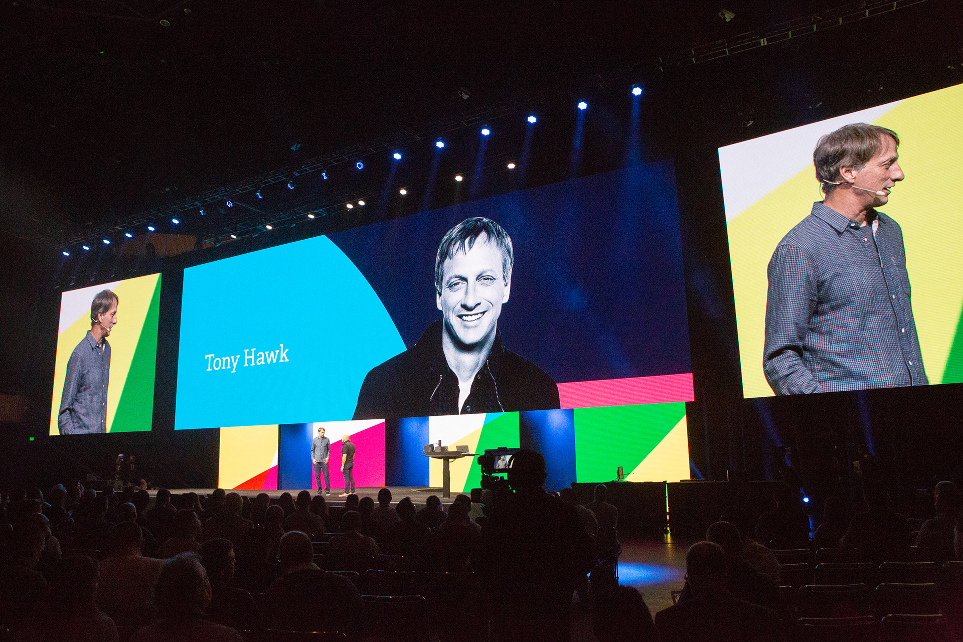 Tony Hawk on stage at Twilio Signal keynote with colorful geometric backdrop
